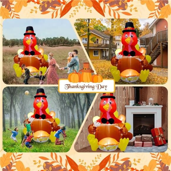6FT Thanksgiving Inflatable Turkey with 7 Build in LED Blow up Decoration - Picture 5 of 6